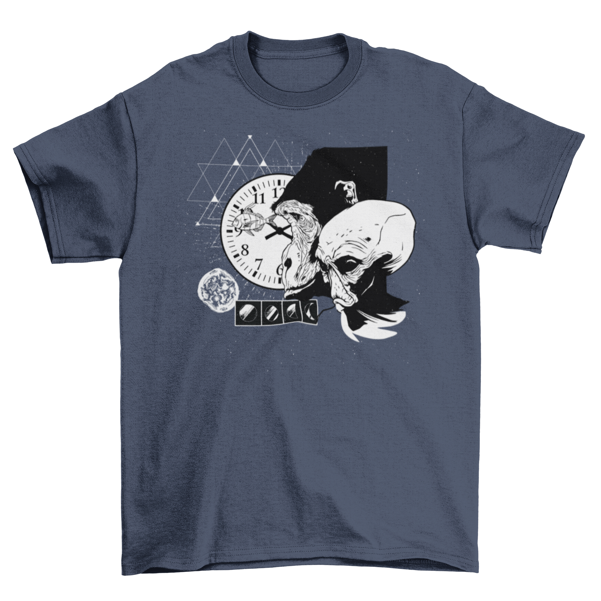 Abstract Space Monkey T-Shirt featuring a colorful design with a monkey, alien moons, a clock, a fish, and geometric shapes.