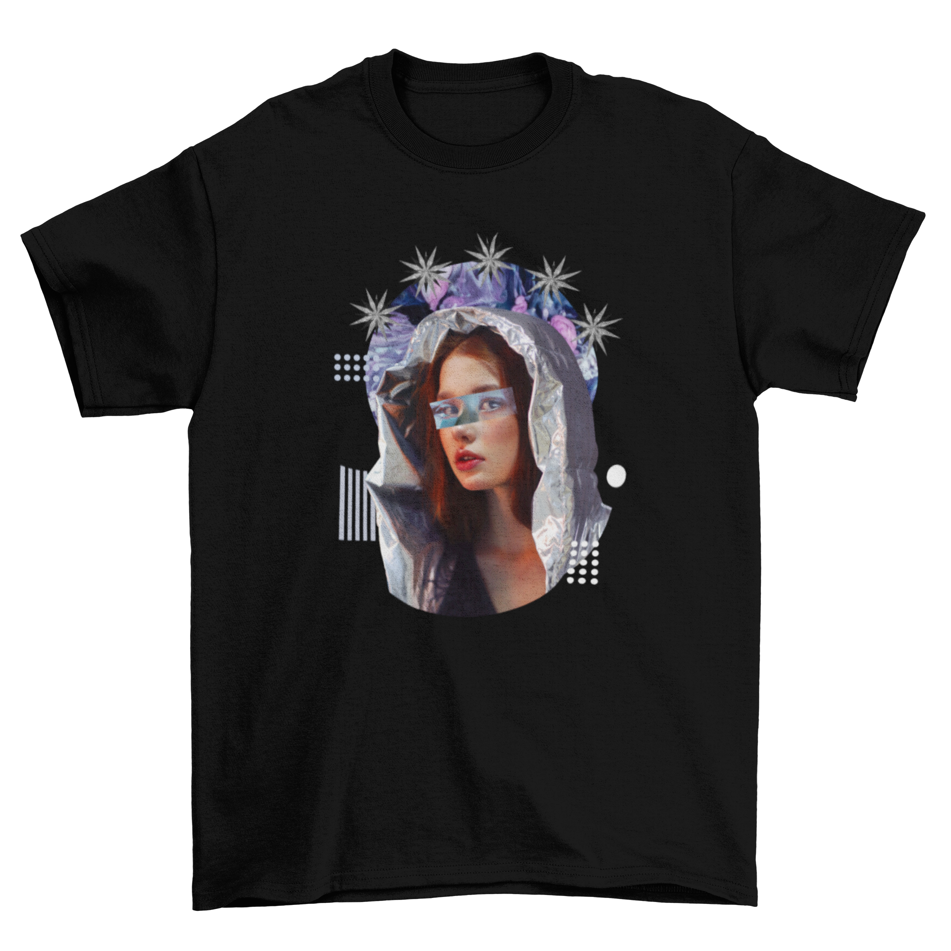 Abstract Space Virgin t-shirt featuring a girl in a silver coat with stars in her head, showcasing a unique artistic design.