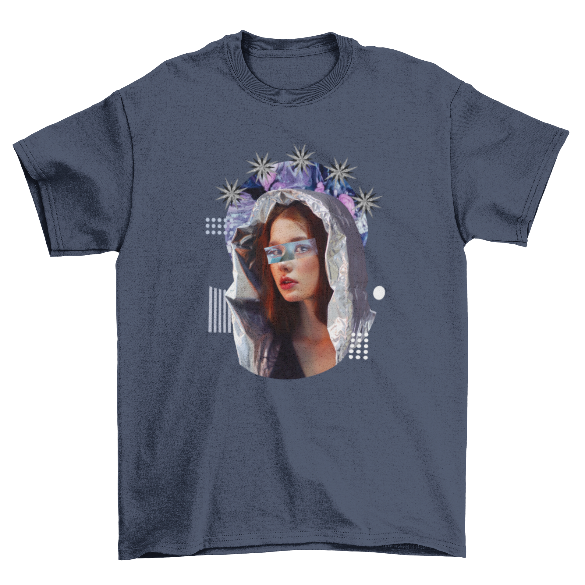 Abstract Space Virgin t-shirt featuring a girl in a silver coat with stars in her head, showcasing a unique artistic design.
