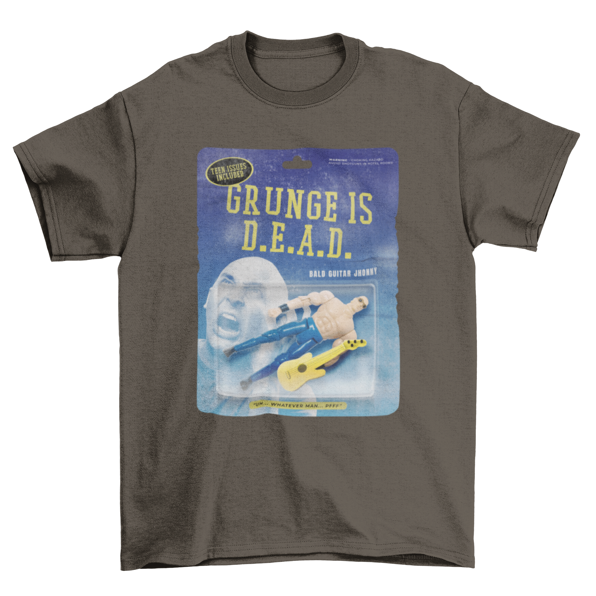 A stylish t-shirt featuring an action figure with a guitar and the quote 'Grunge is dead', perfect for music lovers.