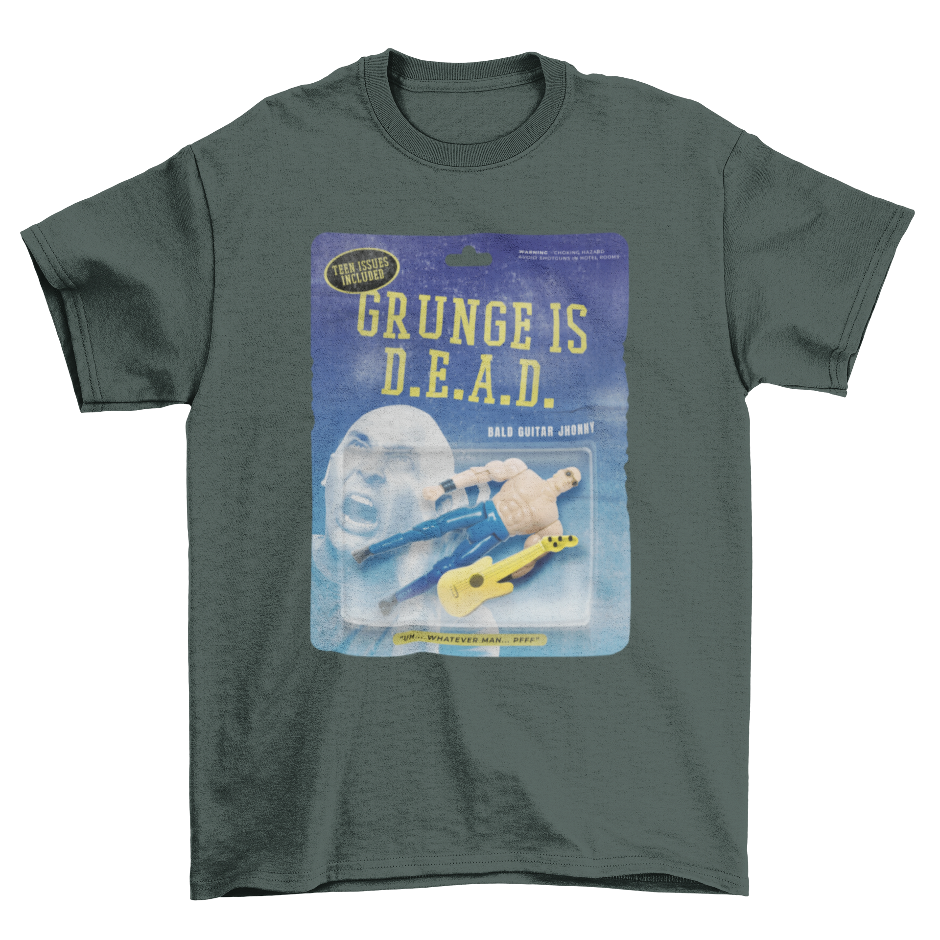 A stylish t-shirt featuring an action figure with a guitar and the quote 'Grunge is dead', perfect for music lovers.