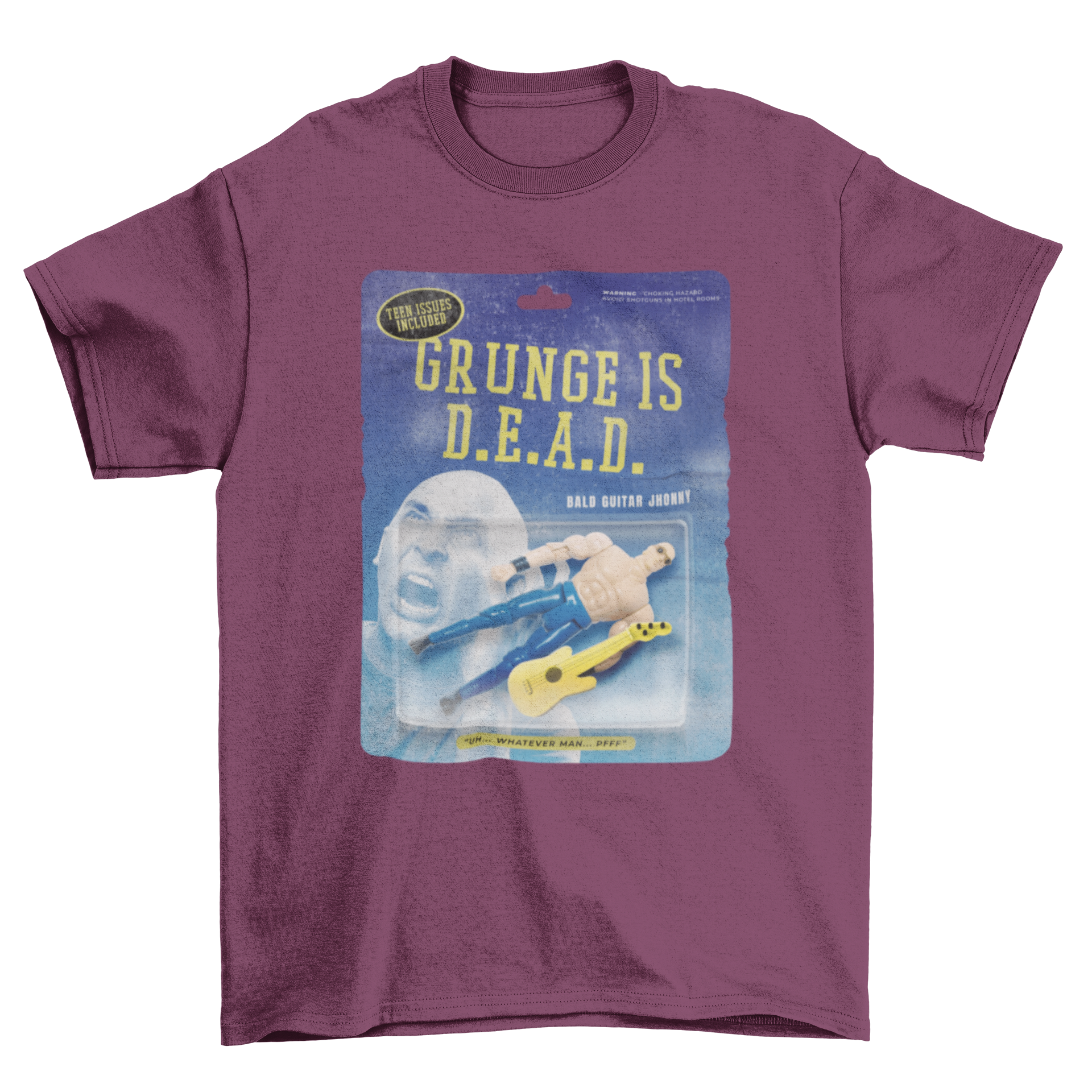 A stylish t-shirt featuring an action figure with a guitar and the quote 'Grunge is dead', perfect for music lovers.