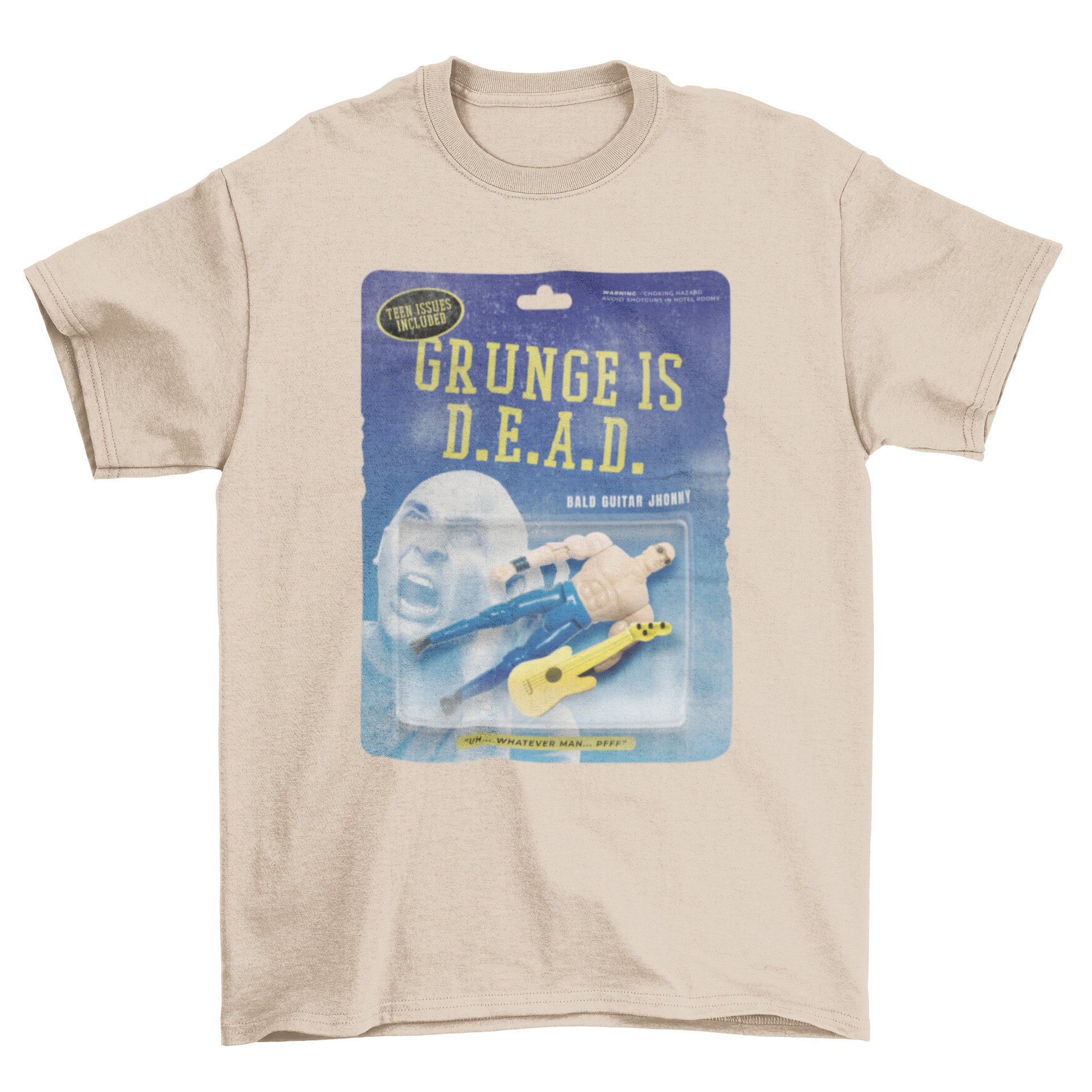 A stylish t-shirt featuring an action figure with a guitar and the quote 'Grunge is dead', perfect for music lovers.