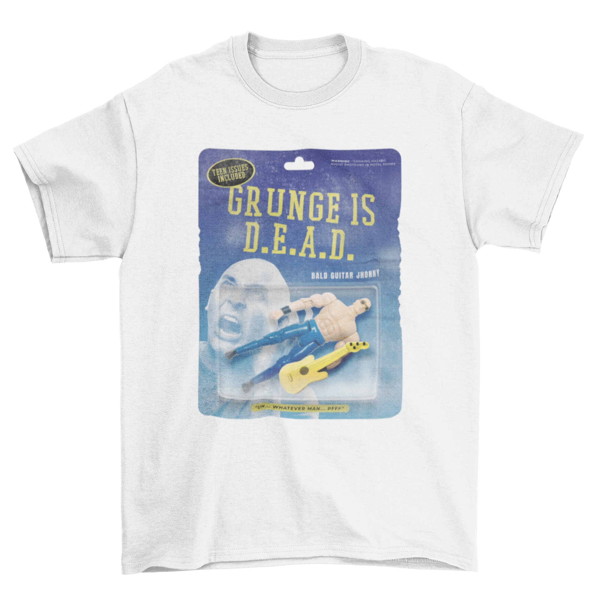 A stylish t-shirt featuring an action figure with a guitar and the quote 'Grunge is dead', perfect for music lovers.