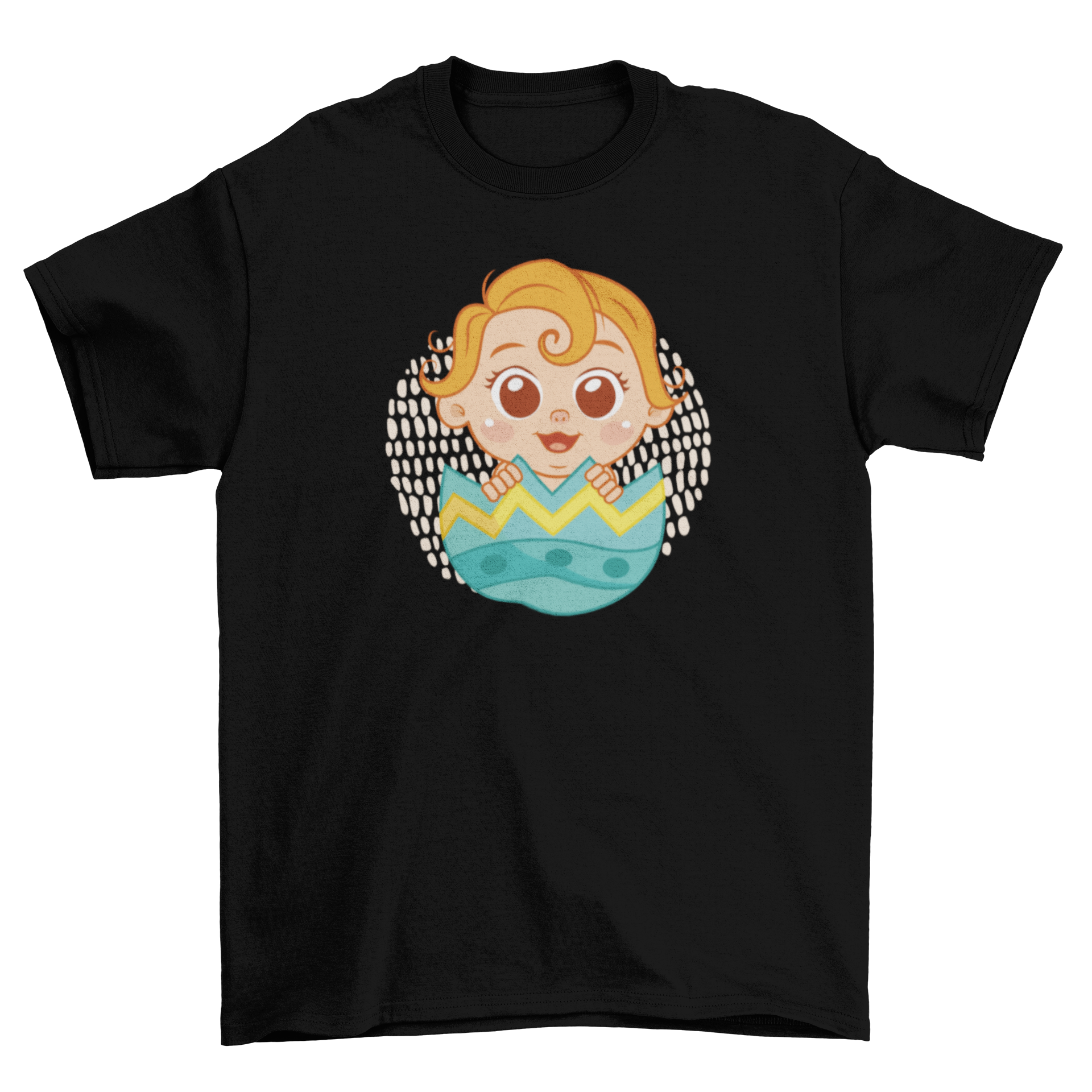 Adorable t-shirt featuring a baby inside a colorful Easter egg, perfect for holiday celebrations.
