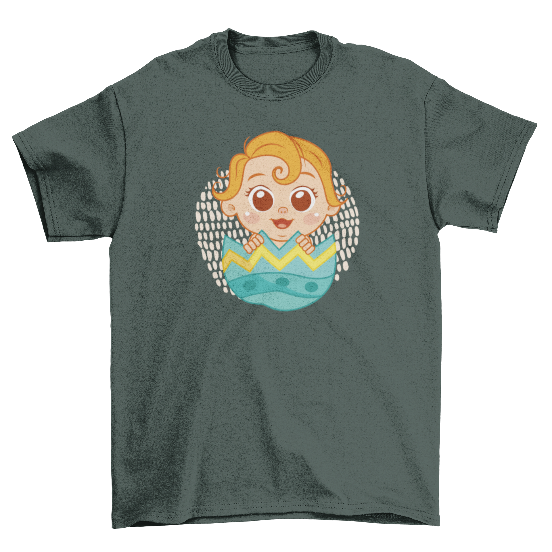 Adorable t-shirt featuring a baby inside a colorful Easter egg, perfect for holiday celebrations.