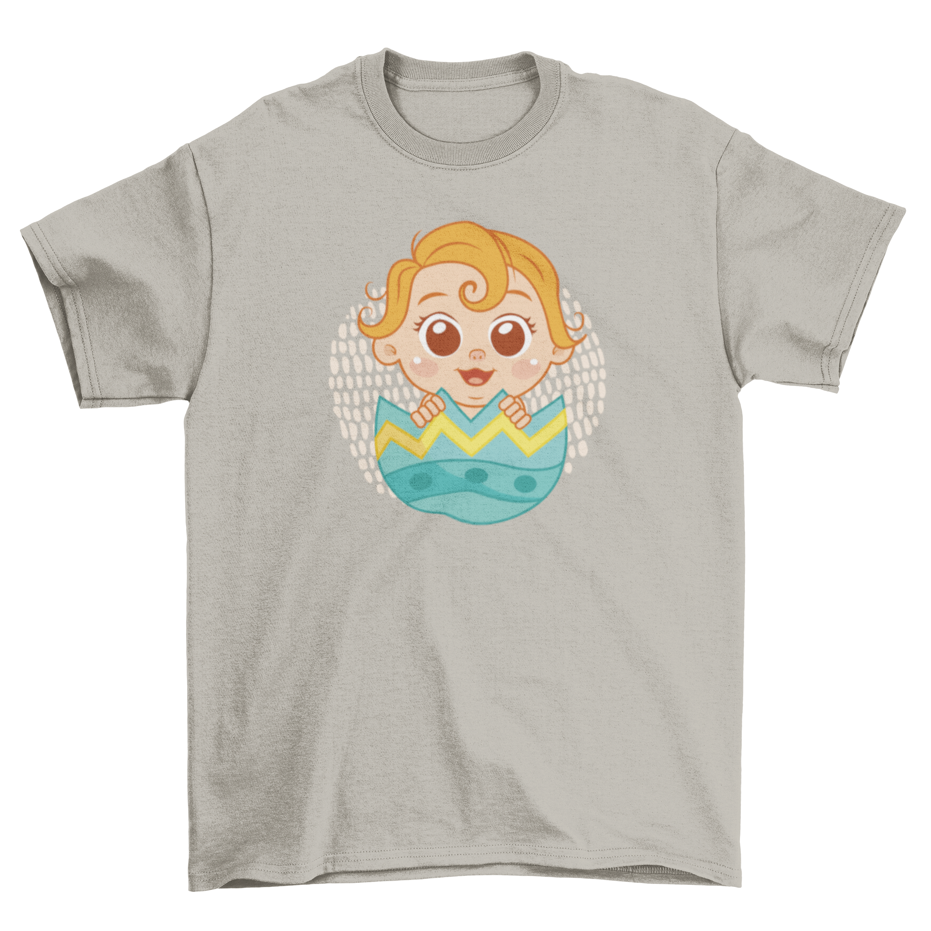 Adorable t-shirt featuring a baby inside a colorful Easter egg, perfect for holiday celebrations.