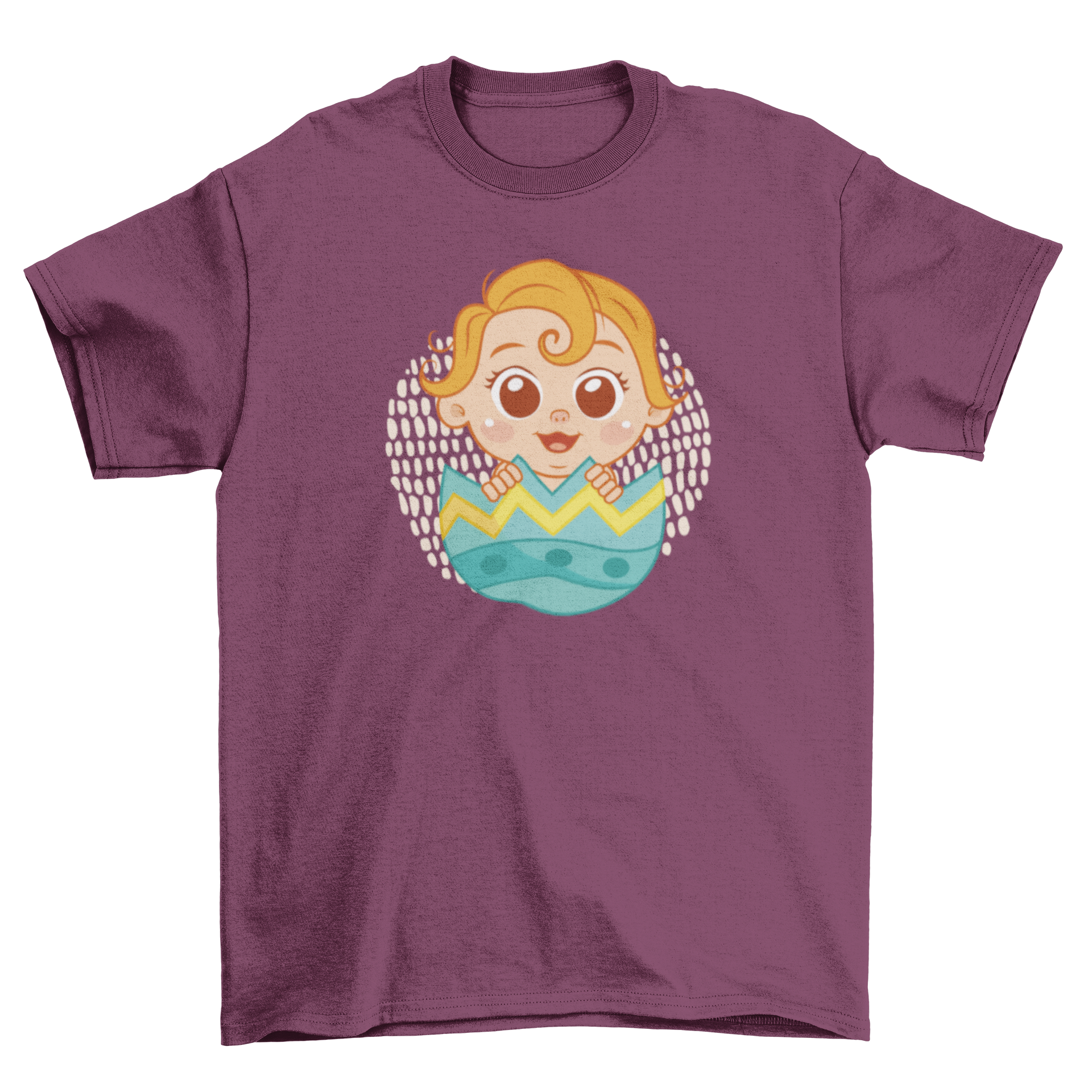 Adorable t-shirt featuring a baby inside a colorful Easter egg, perfect for holiday celebrations.