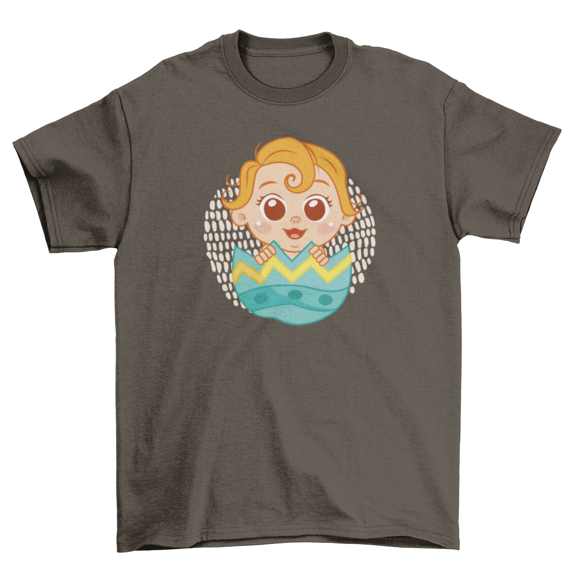 Adorable t-shirt featuring a baby inside a colorful Easter egg, perfect for holiday celebrations.