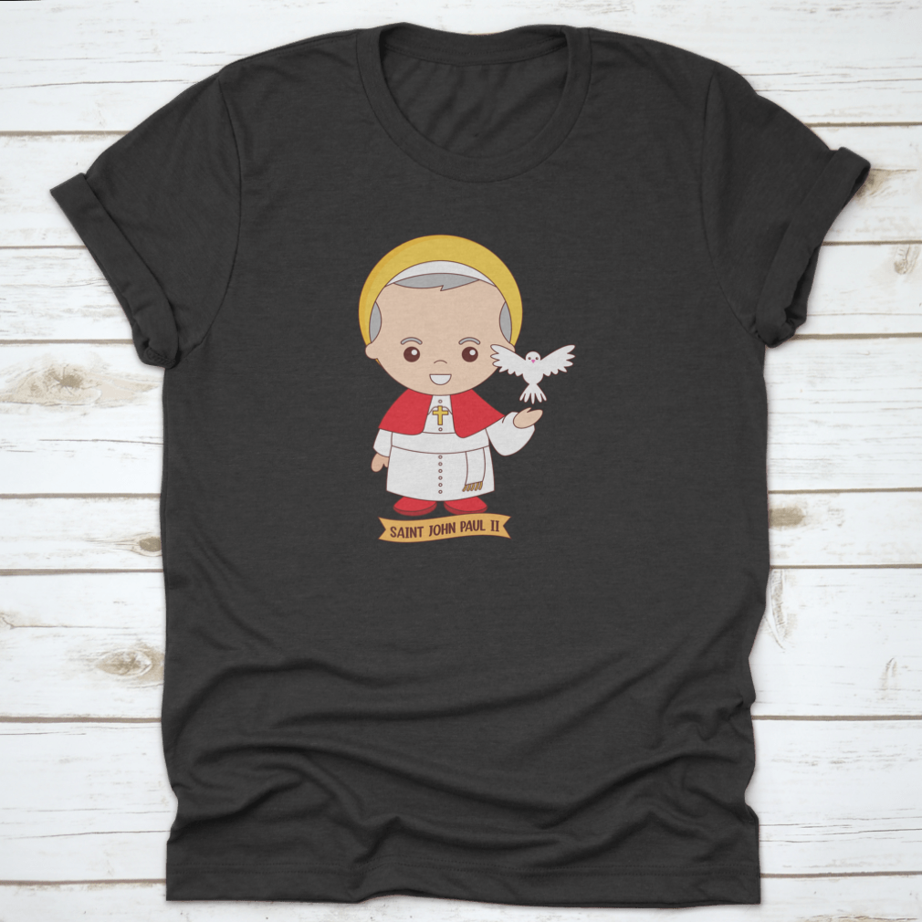 Adorable cartoon character artwork of Saint John Paul, showcasing vibrant colors and a joyful expression.