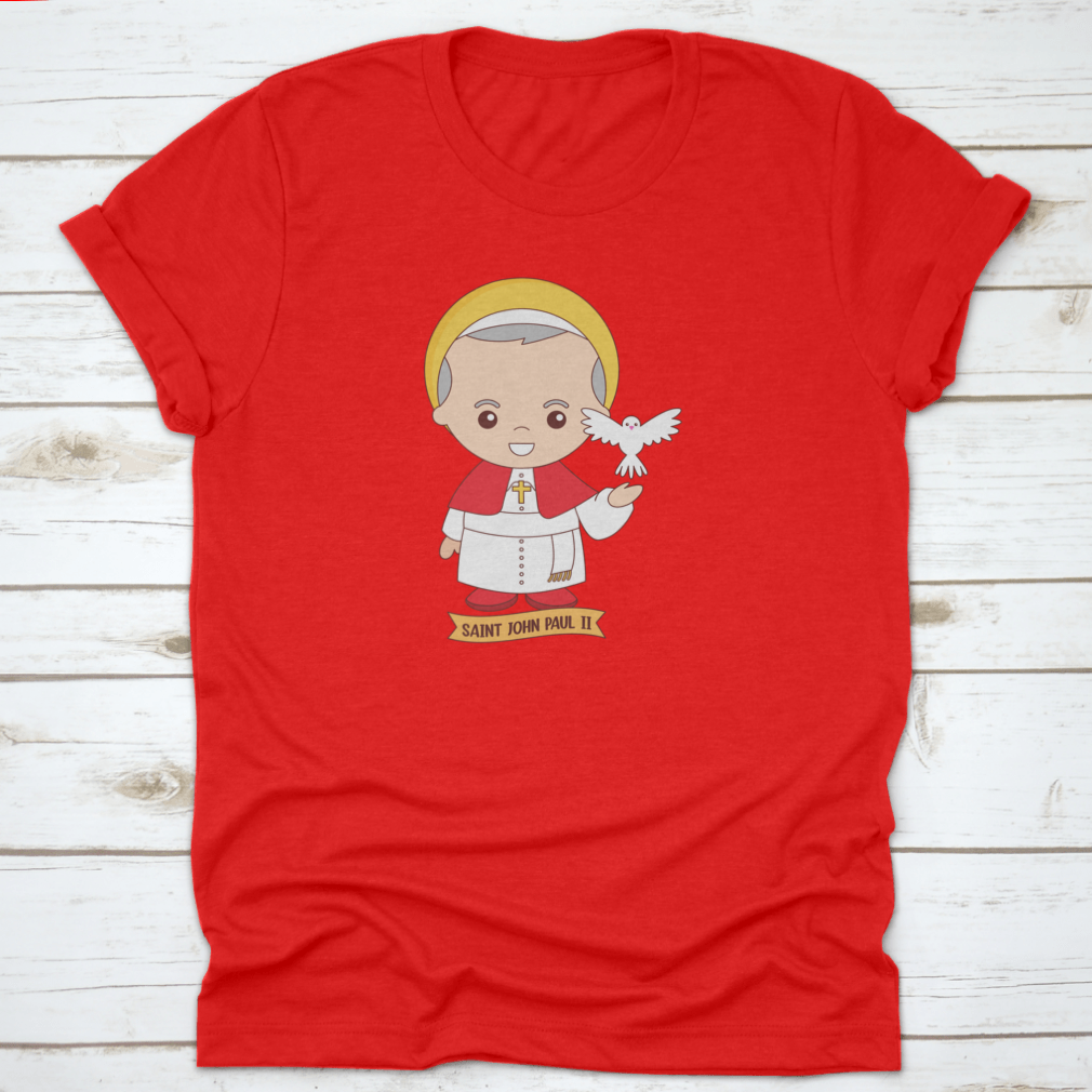 Adorable cartoon character artwork of Saint John Paul, showcasing vibrant colors and a joyful expression.