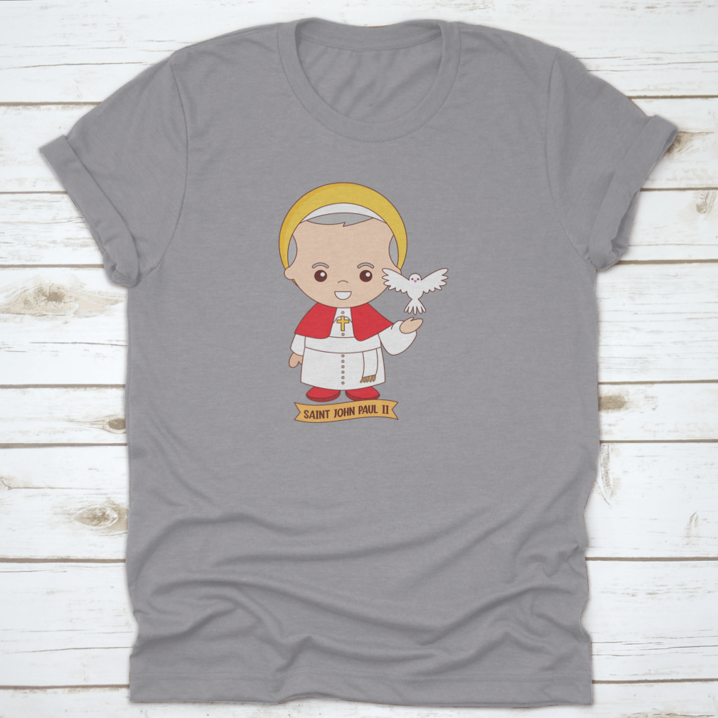 Adorable cartoon character artwork of Saint John Paul, showcasing vibrant colors and a joyful expression.