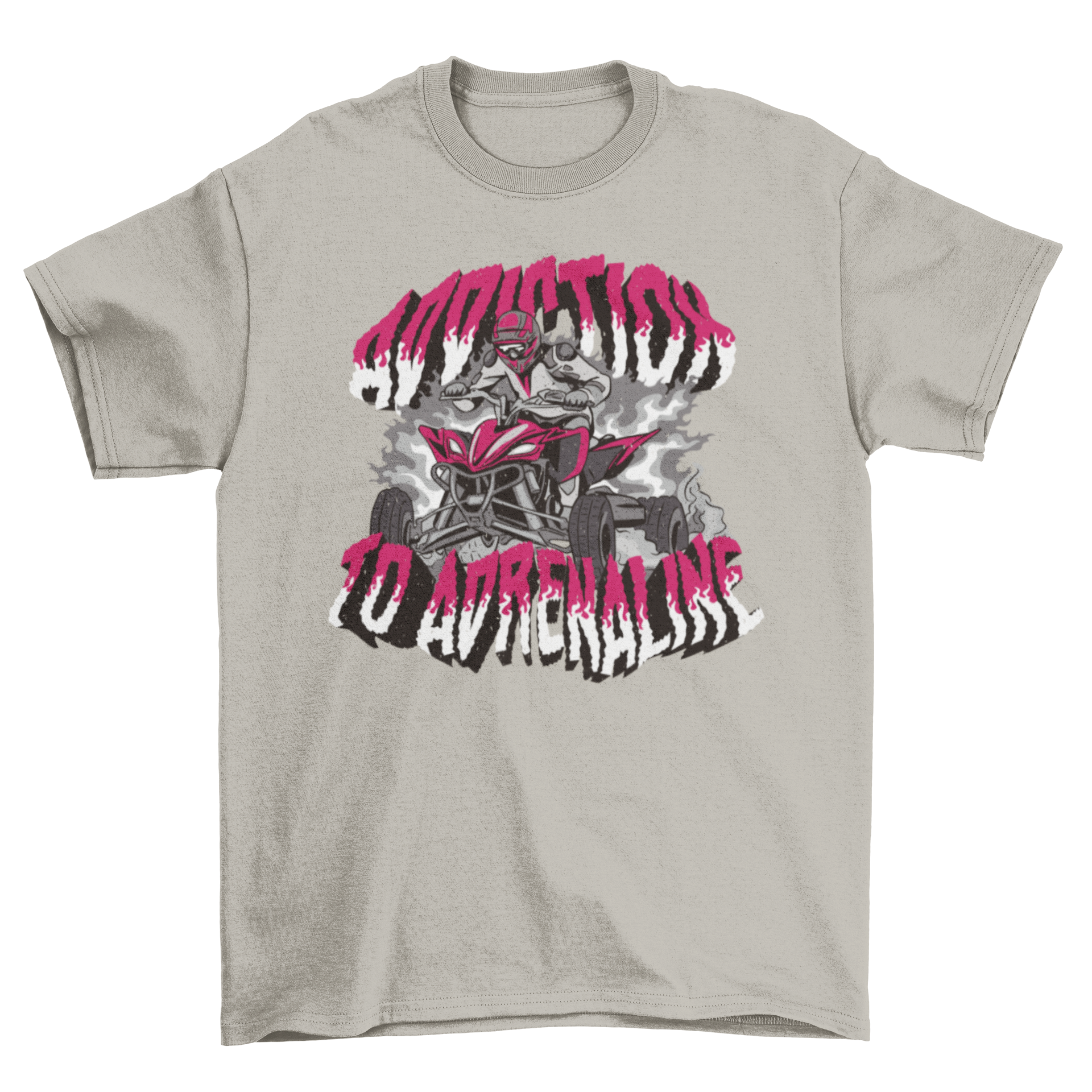 Adrenaline Addiction t-shirt featuring a man on a quadricycle with the quote 'Addiction to adrenaline'.