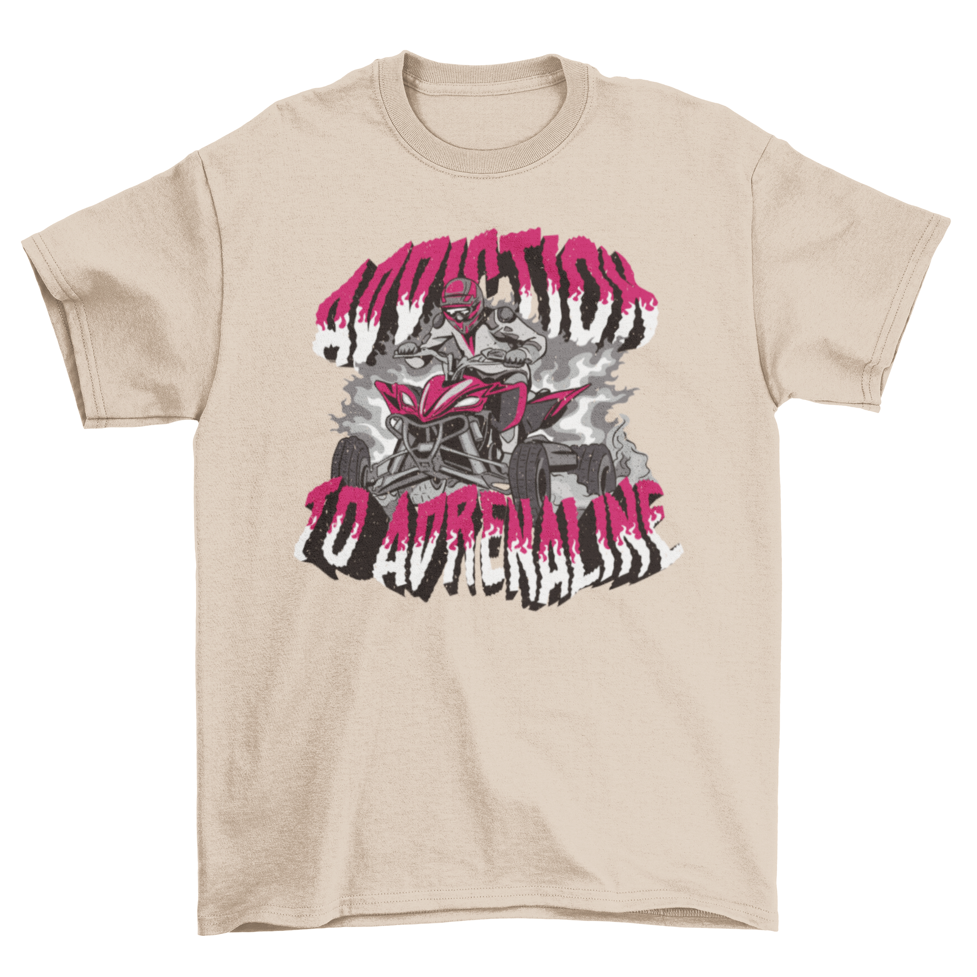 Adrenaline Addiction t-shirt featuring a man on a quadricycle with the quote 'Addiction to adrenaline'.