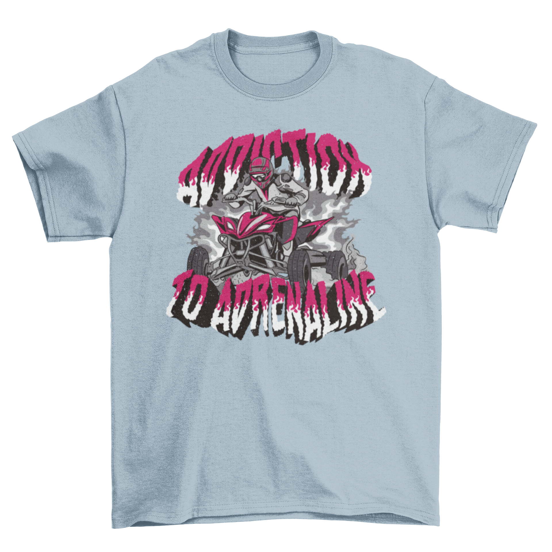 Adrenaline Addiction t-shirt featuring a man on a quadricycle with the quote 'Addiction to adrenaline'.