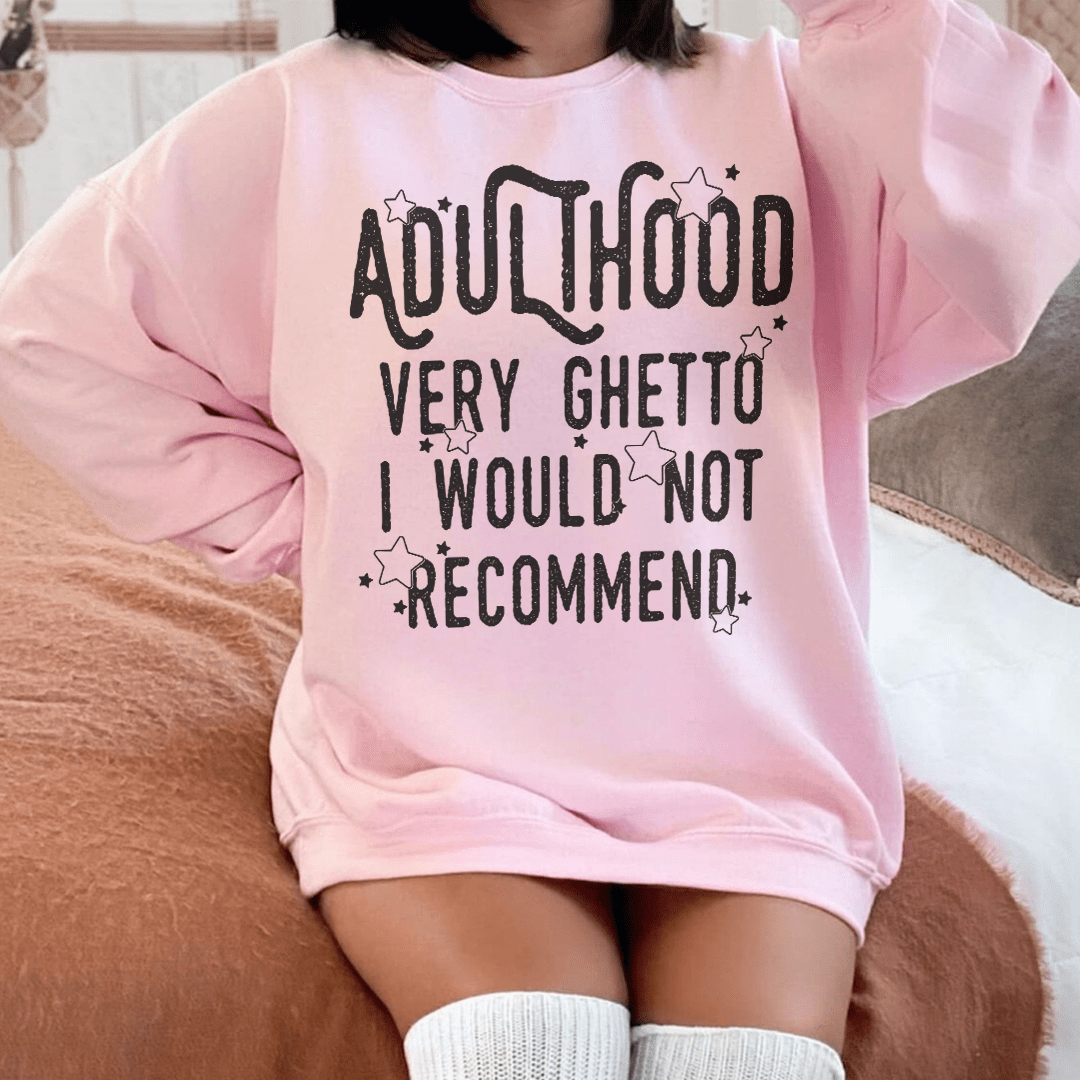 Adulthood Very Ghetto hoodie featuring a unique artistic design, made from warm cotton/poly fleece blend with adjustable cuffs.