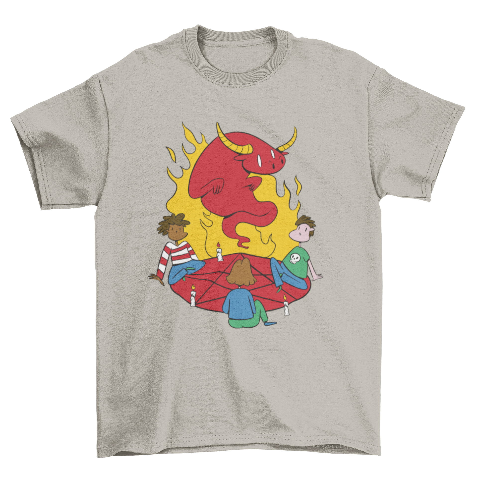 Adults in Cult Devil T-Shirt featuring three kids looking at the devil, showcasing a unique and edgy design.