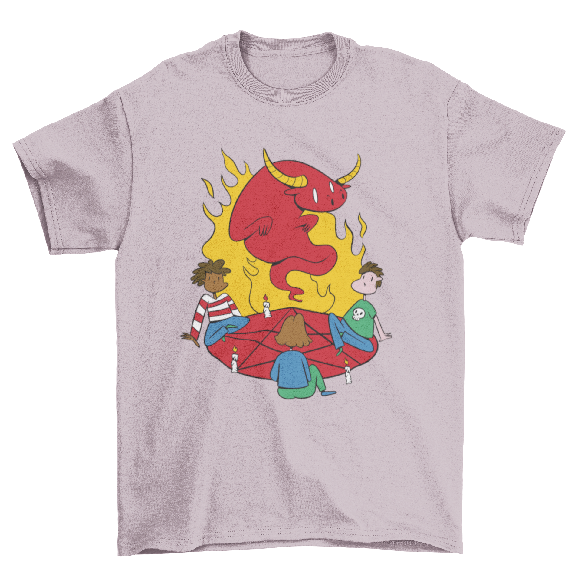 Adults in Cult Devil T-Shirt featuring three kids looking at the devil, showcasing a unique and edgy design.
