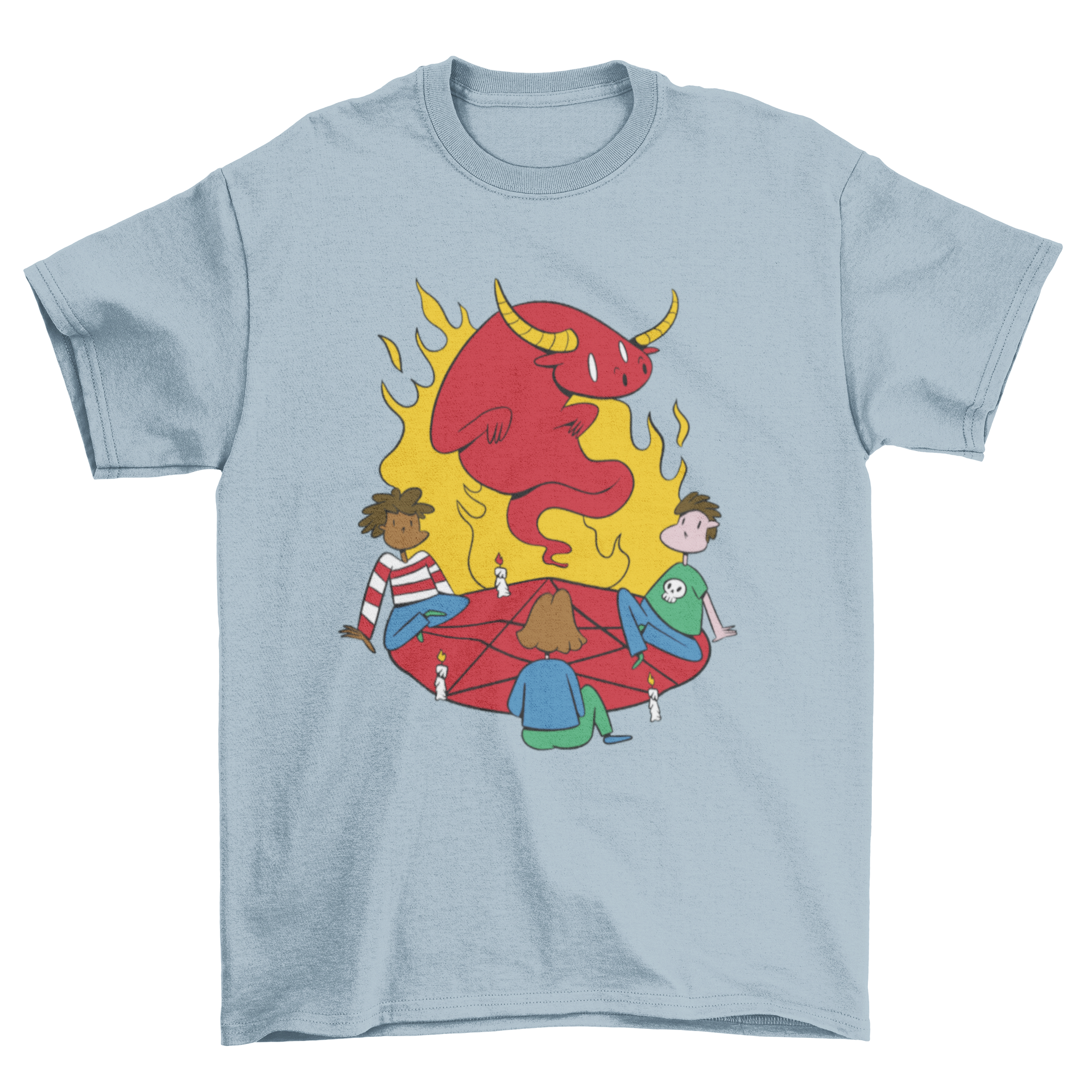 Adults in Cult Devil T-Shirt featuring three kids looking at the devil, showcasing a unique and edgy design.