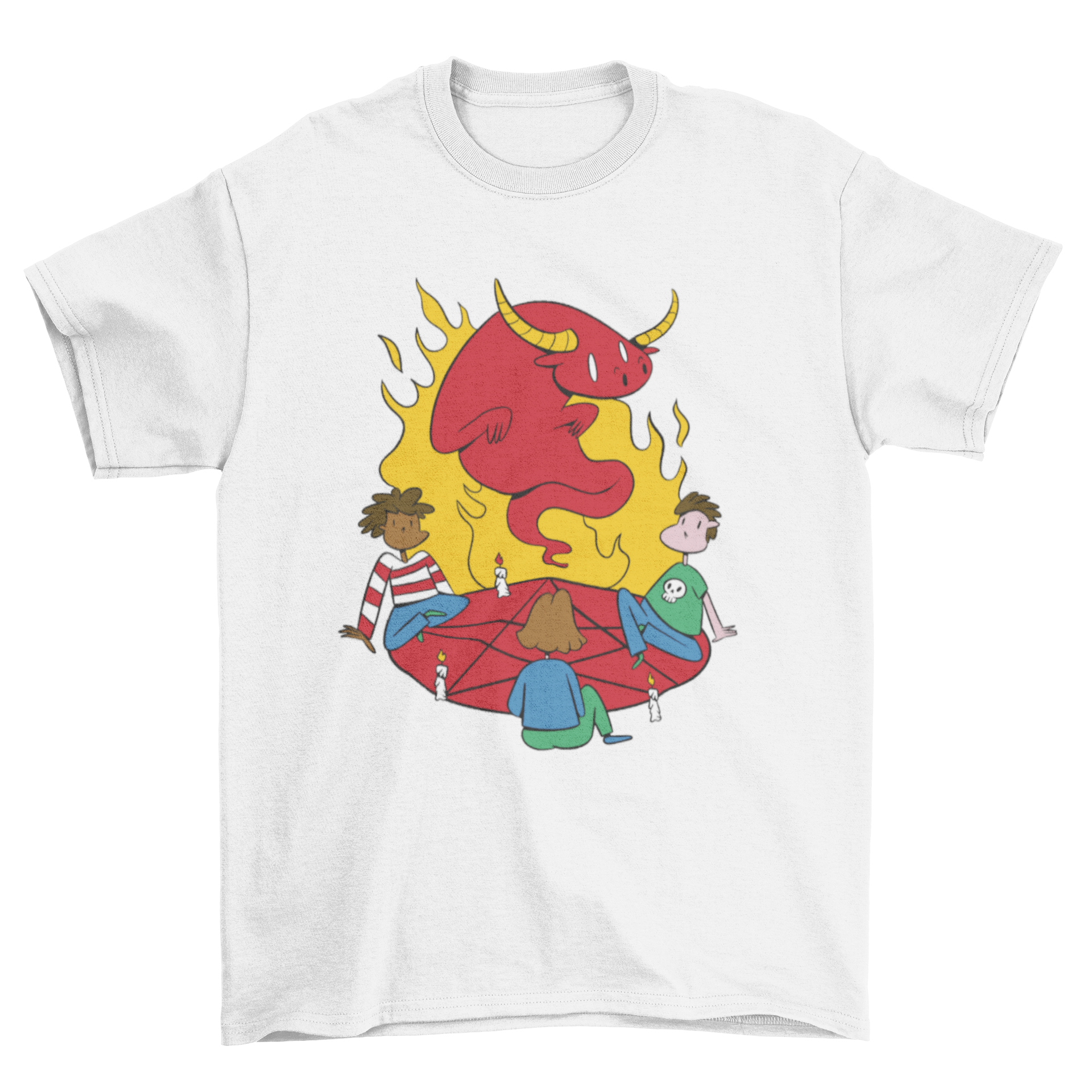 Adults in Cult Devil T-Shirt featuring three kids looking at the devil, showcasing a unique and edgy design.
