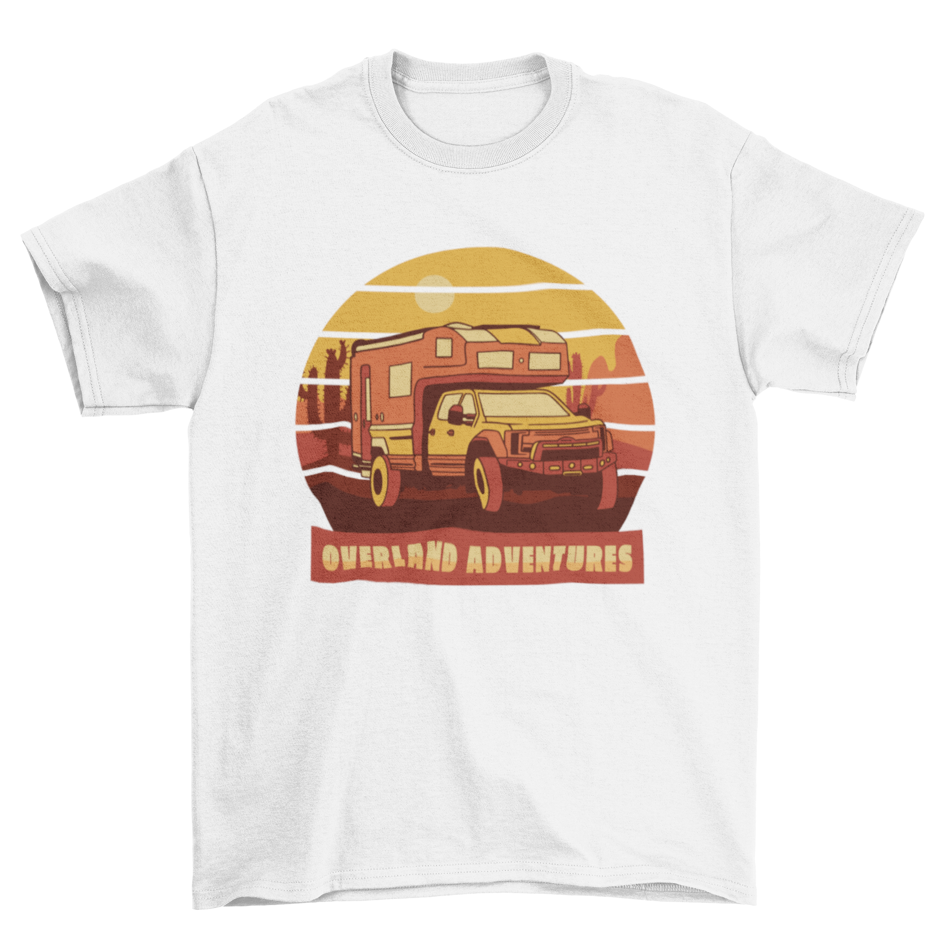 Adventure travel t-shirt design featuring a truck in a mountain landscape with the quote 'Overland adventures'.