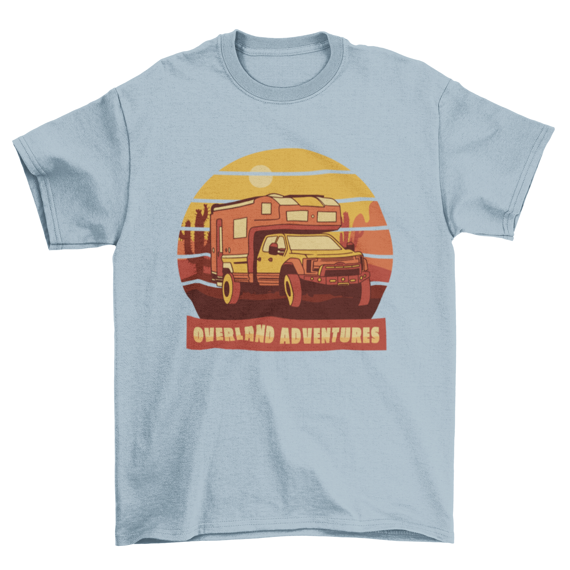 Adventure travel t-shirt design featuring a truck in a mountain landscape with the quote 'Overland adventures'.