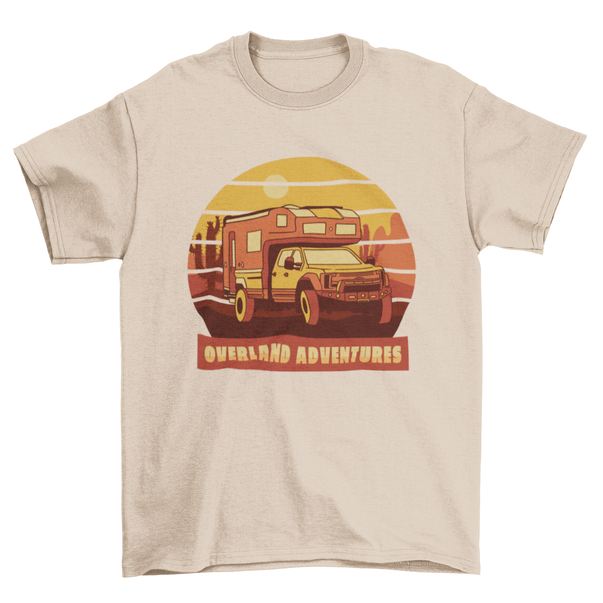 Adventure travel t-shirt design featuring a truck in a mountain landscape with the quote 'Overland adventures'.