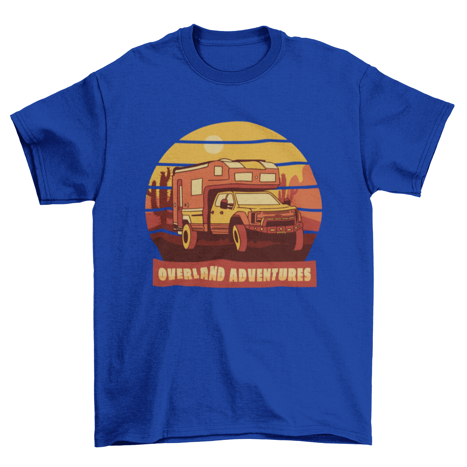 Adventure travel t-shirt design featuring a truck in a mountain landscape with the quote 'Overland adventures'.