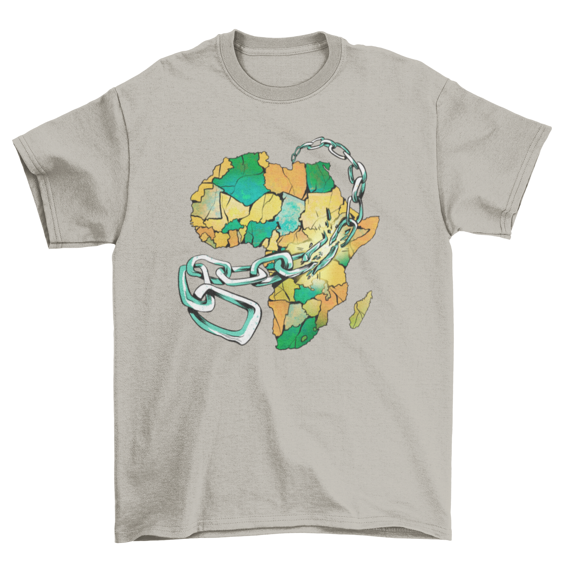 A stylish t-shirt featuring a map of Africa surrounded by chains, symbolizing strength and resilience.