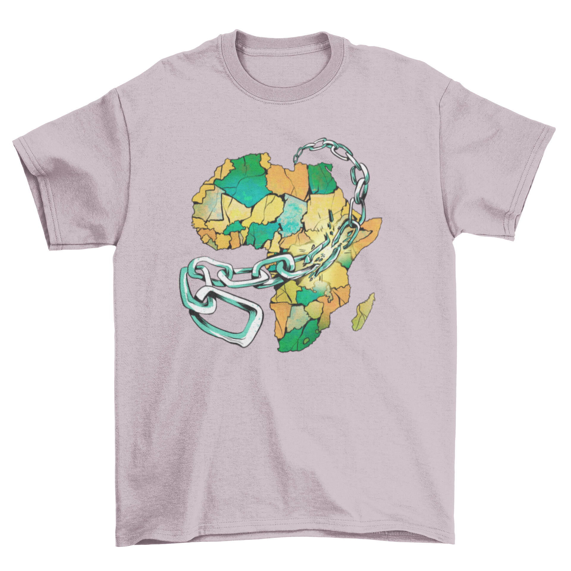 A stylish t-shirt featuring a map of Africa surrounded by chains, symbolizing strength and resilience.