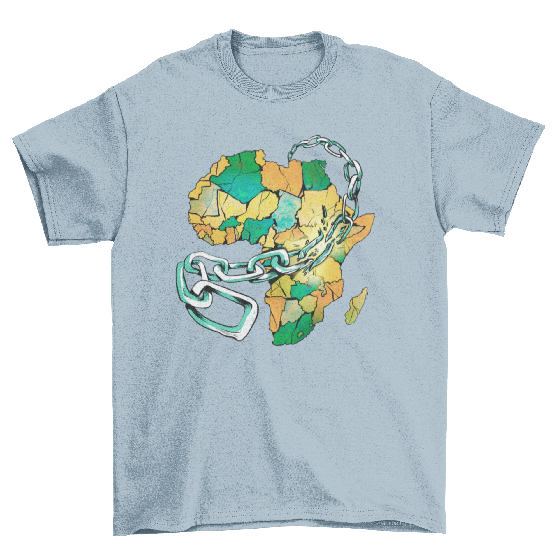 A stylish t-shirt featuring a map of Africa surrounded by chains, symbolizing strength and resilience.