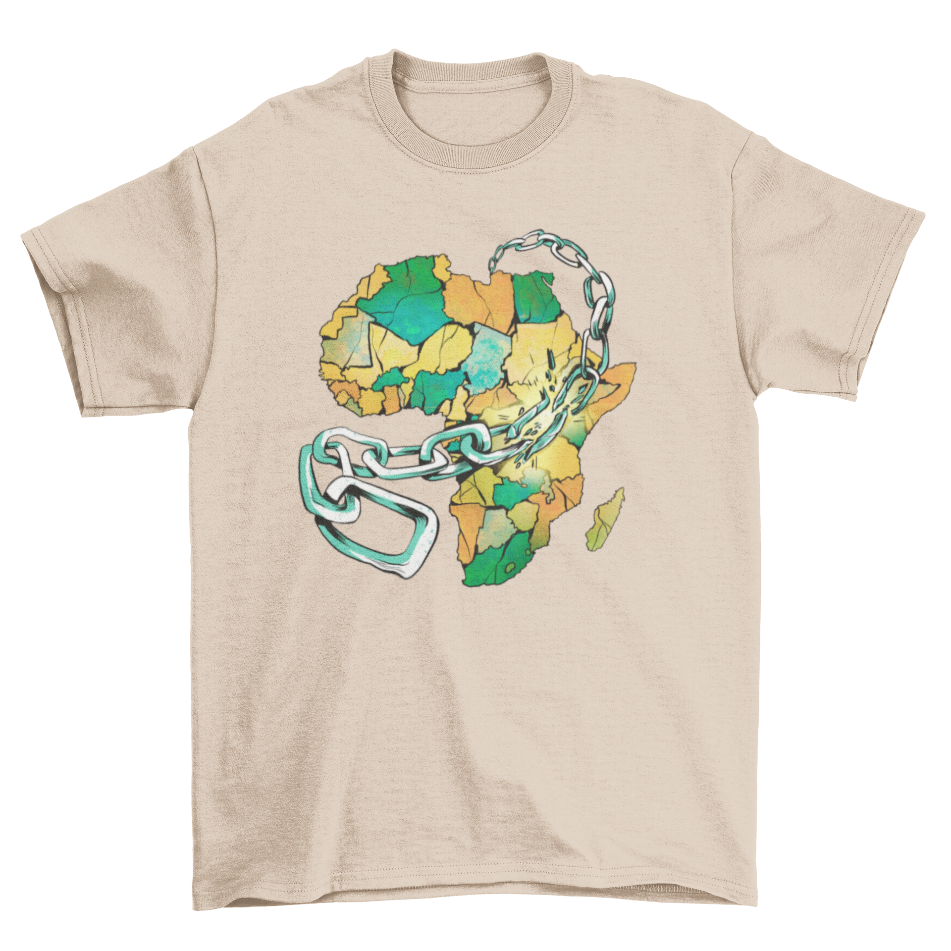 A stylish t-shirt featuring a map of Africa surrounded by chains, symbolizing strength and resilience.