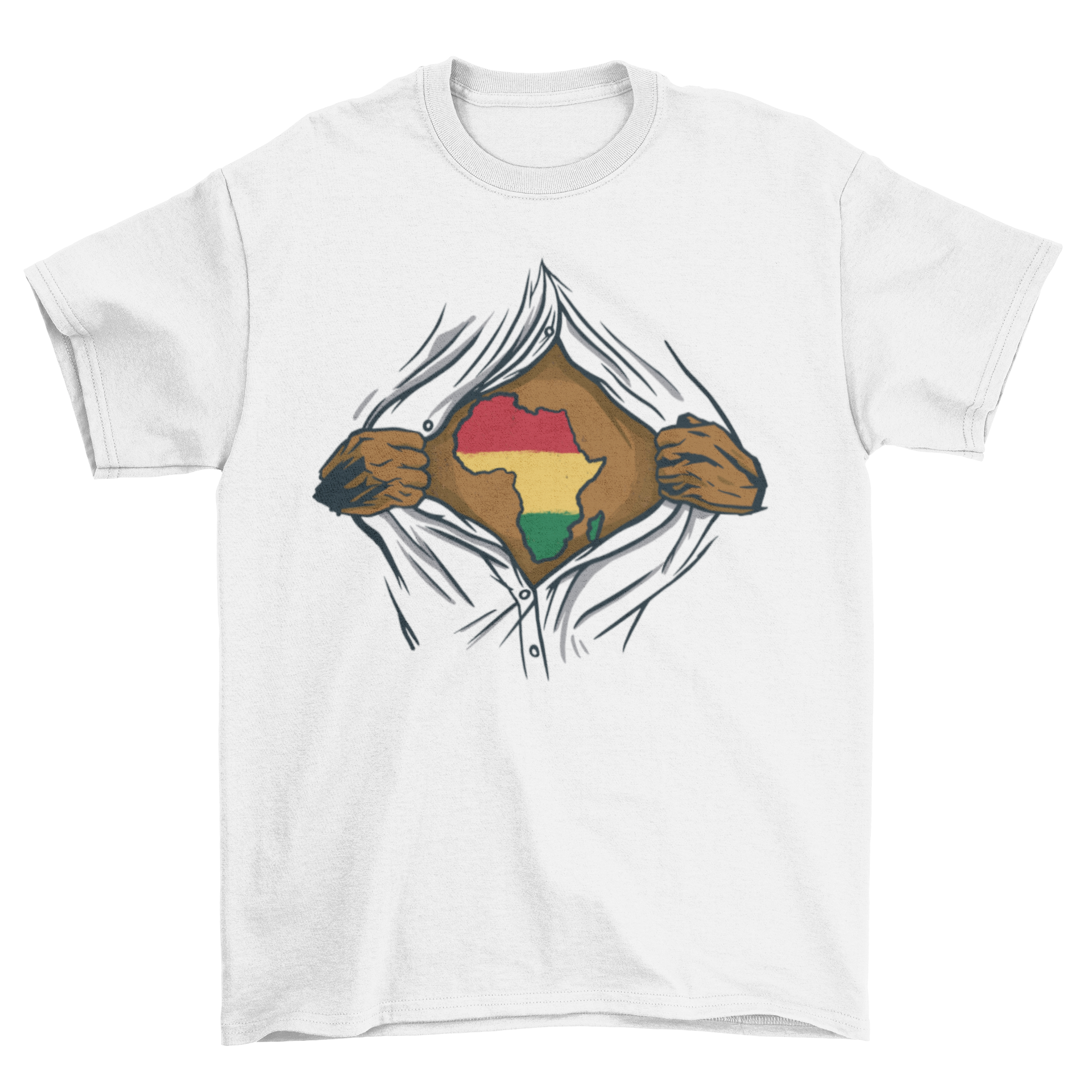 A stylish t-shirt featuring hands opening a shirt with an African map design in the center, showcasing cultural pride.
