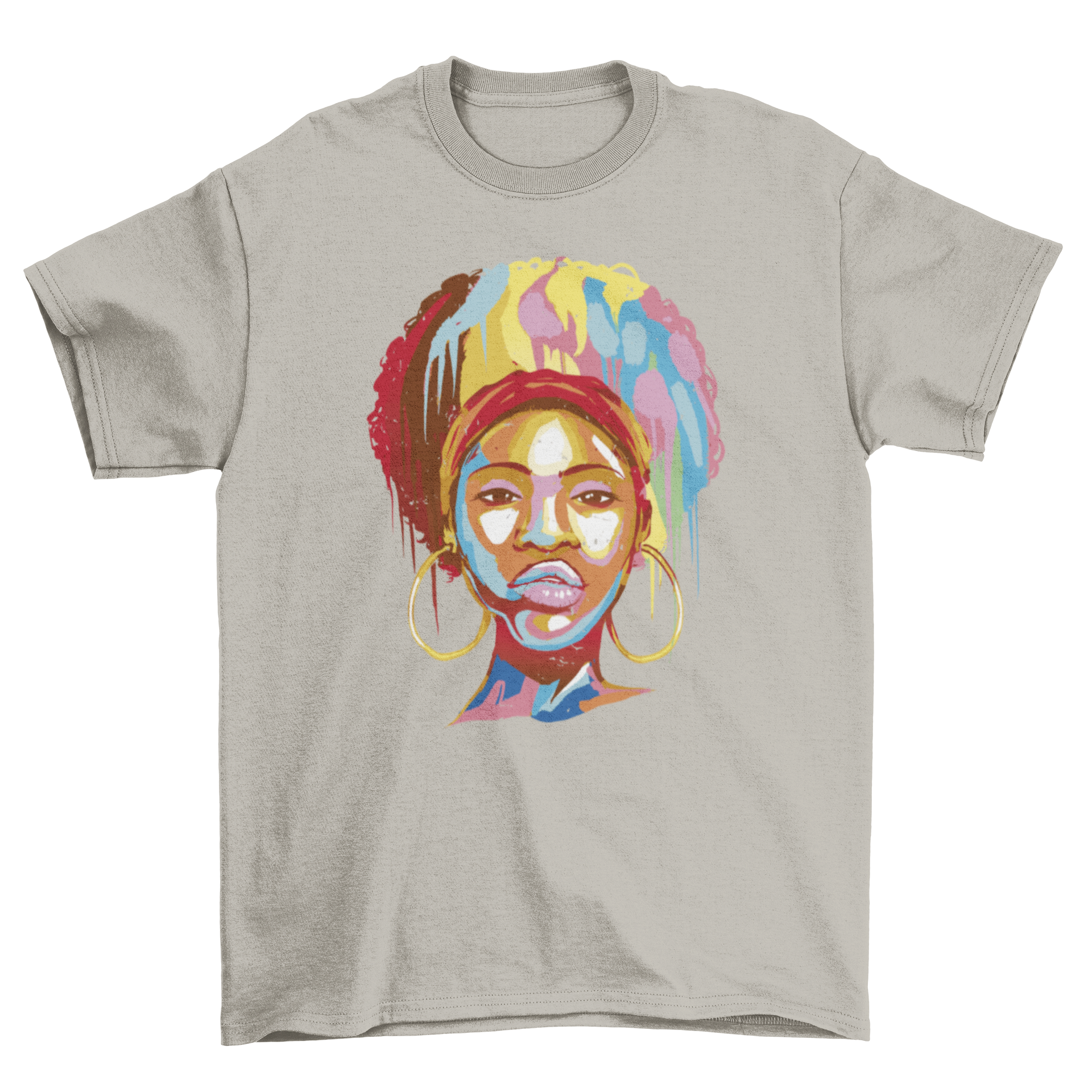 Stylish t-shirt featuring the face of an African American woman with big earrings, showcasing a unique and vibrant design.