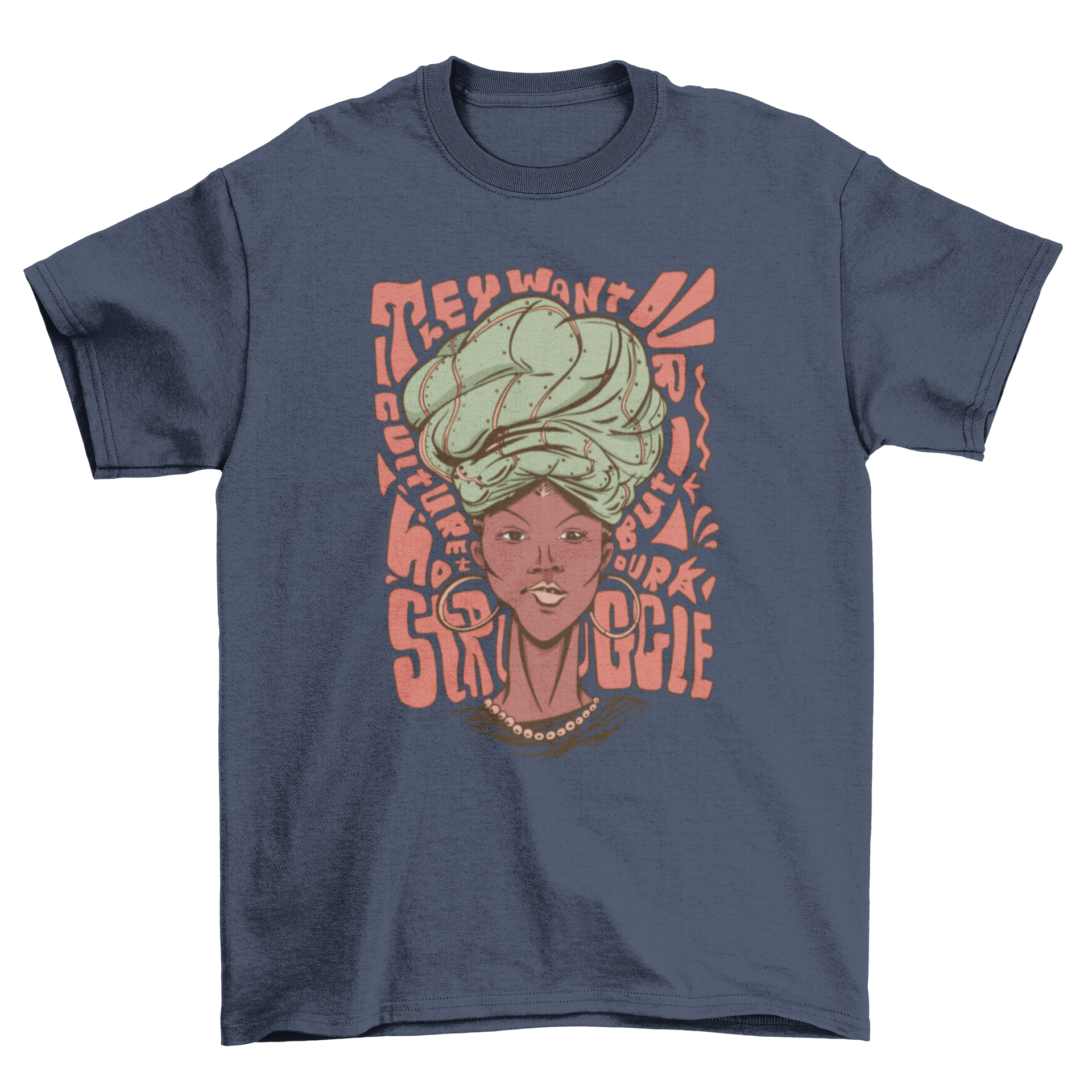 African Queen T-Shirt featuring a beautiful black woman with a headscarf, showcasing cultural pride and elegance.