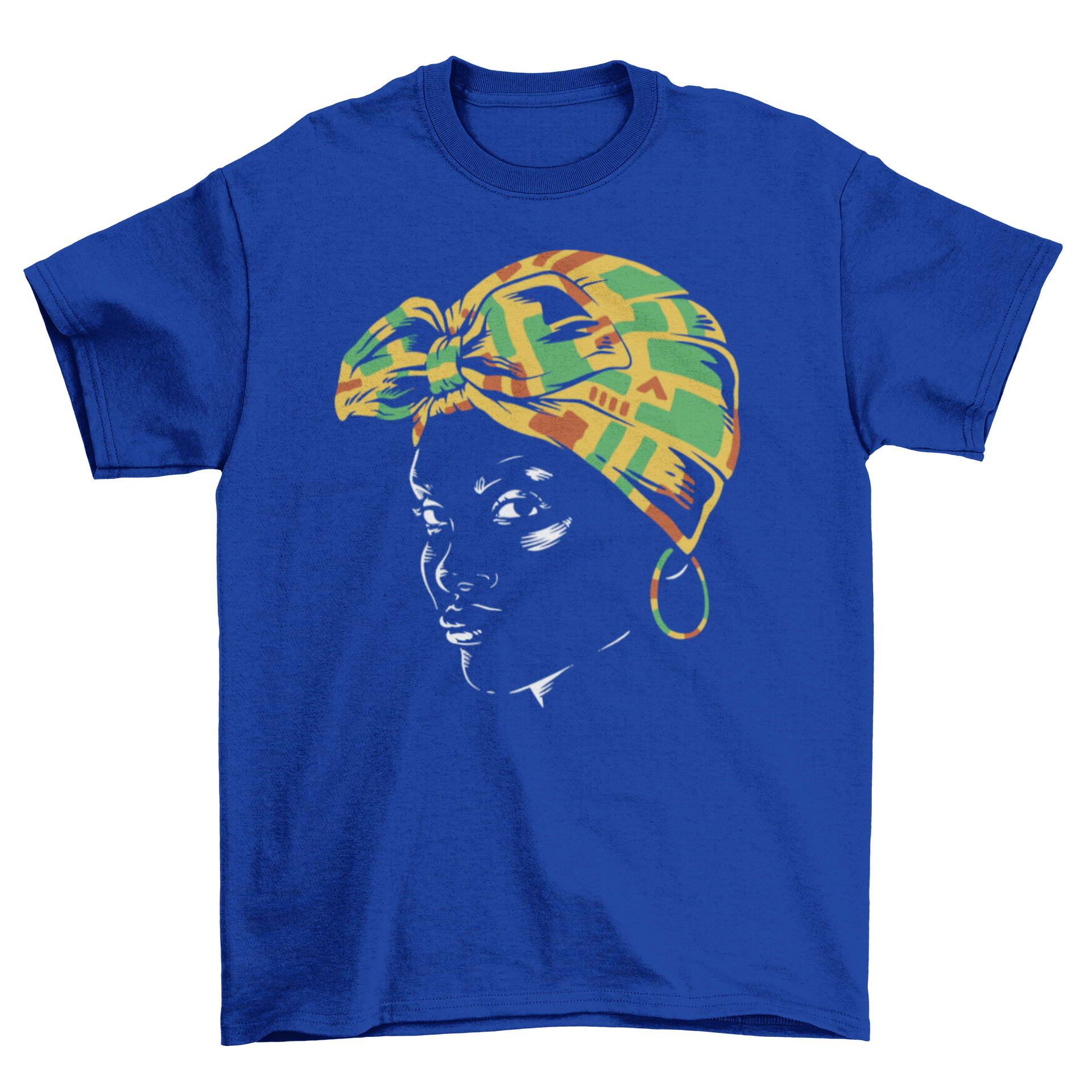 A stylish t-shirt featuring an Afro woman wearing a colorful Kente scarf, showcasing cultural pride and elegance.