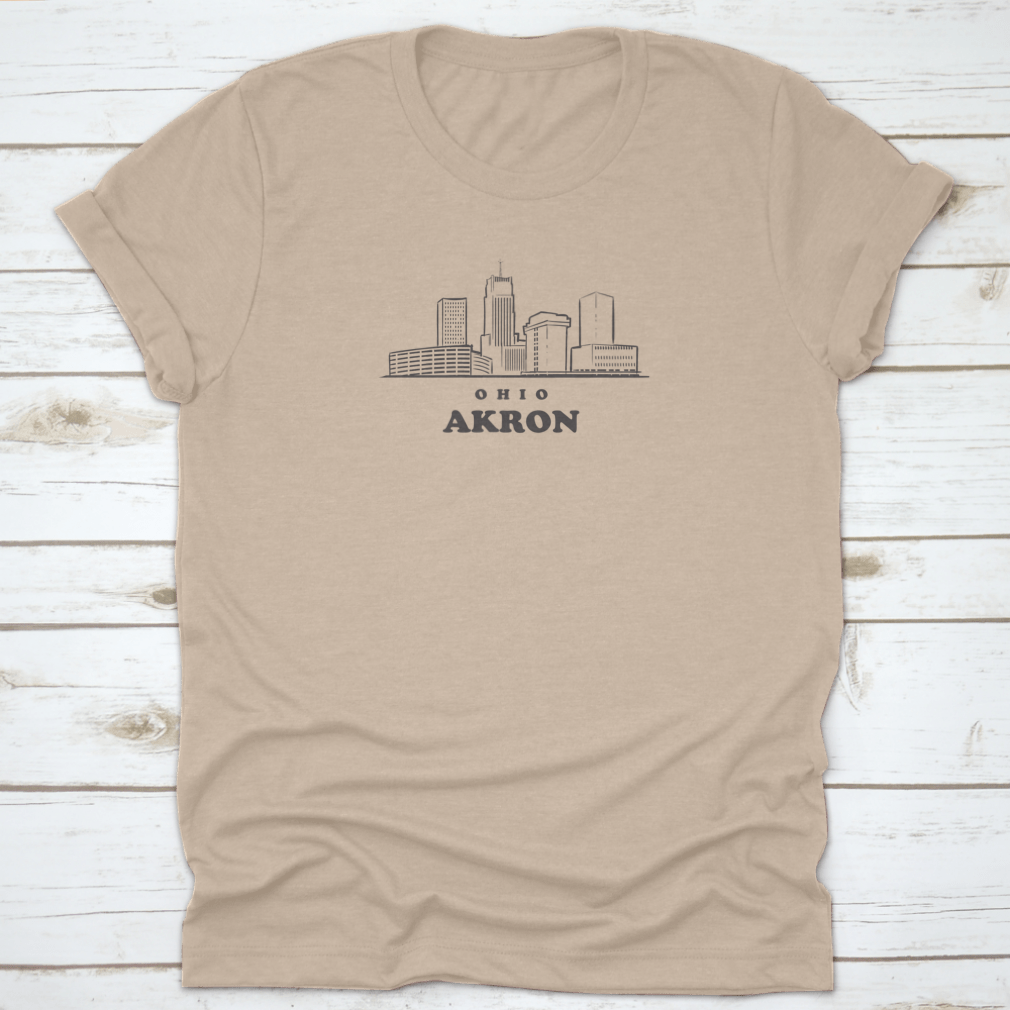 A hand-drawn sketch of the Akron Skyline on a comfortable t-shirt, showcasing the city's iconic buildings.