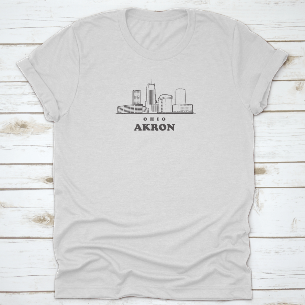 A hand-drawn sketch of the Akron Skyline on a comfortable t-shirt, showcasing the city's iconic buildings.