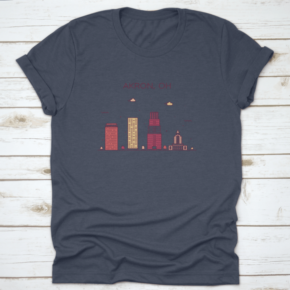 Trendy t-shirt featuring a linear vector illustration of the Akron Skyline in Ohio, showcasing urban style and comfort.