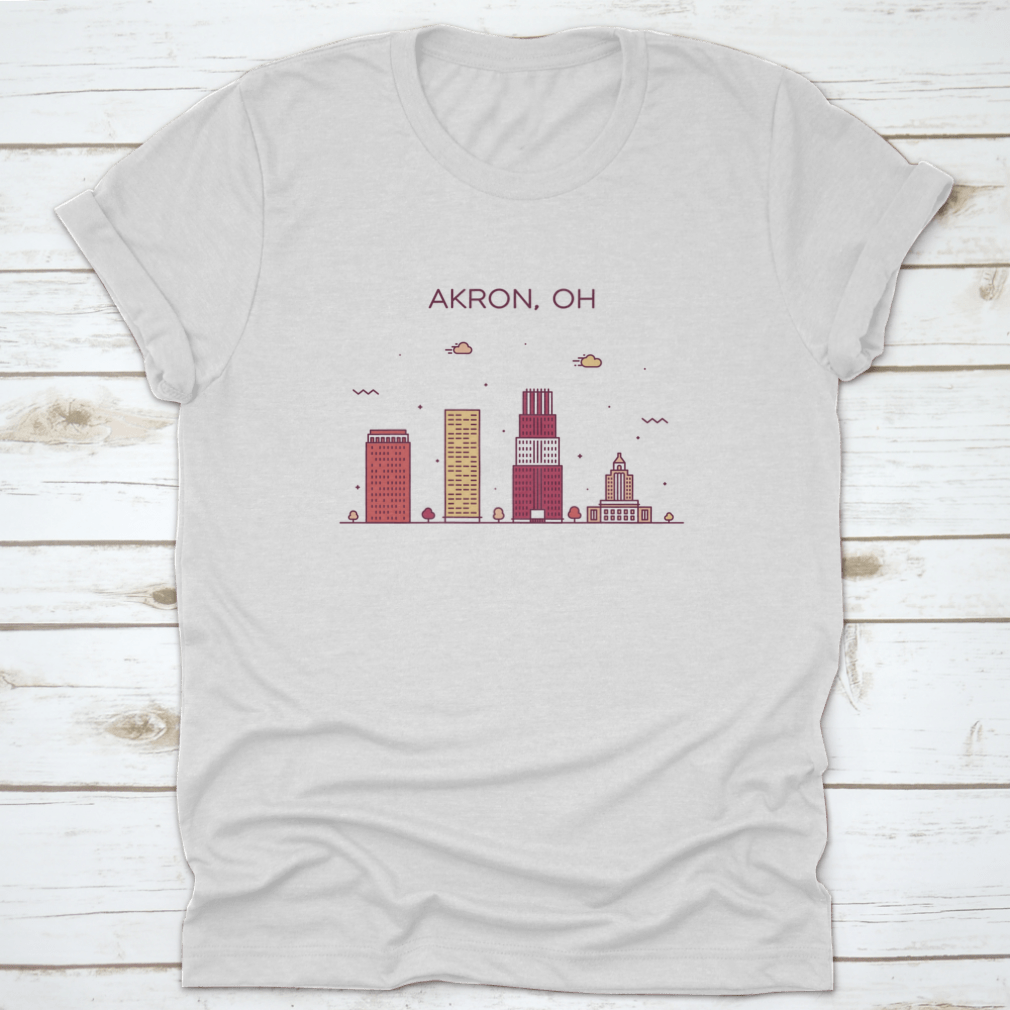 Trendy t-shirt featuring a linear vector illustration of the Akron Skyline in Ohio, showcasing urban style and comfort.