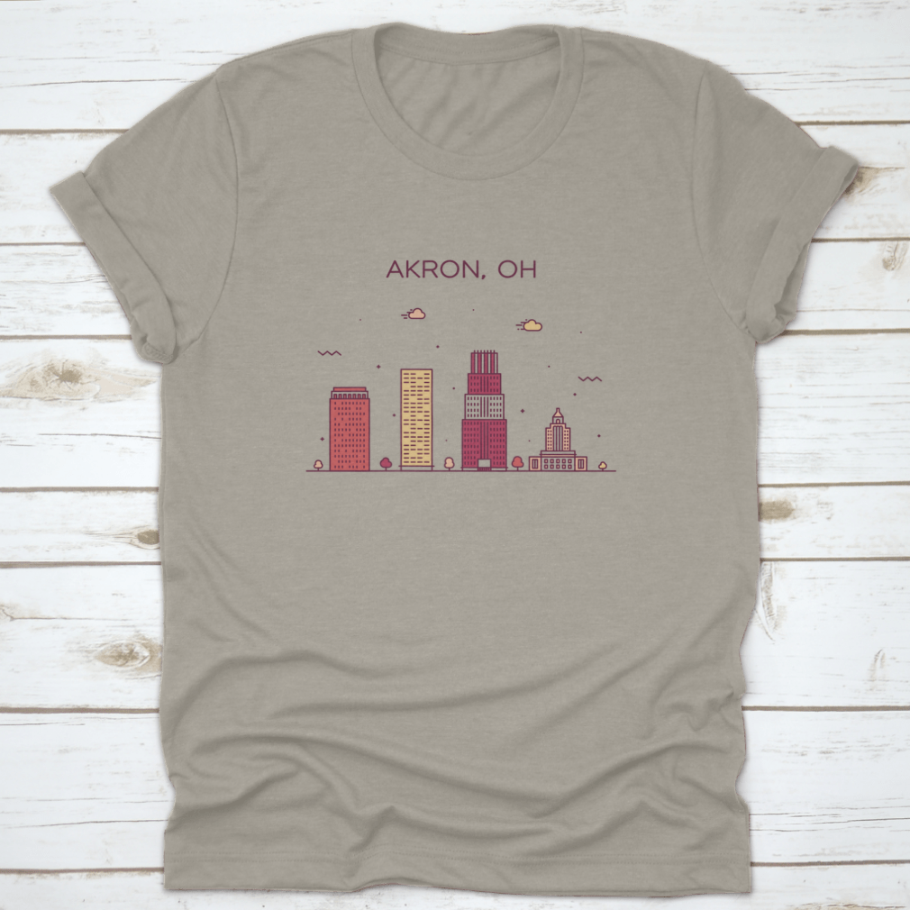 Trendy t-shirt featuring a linear vector illustration of the Akron Skyline in Ohio, showcasing urban style and comfort.