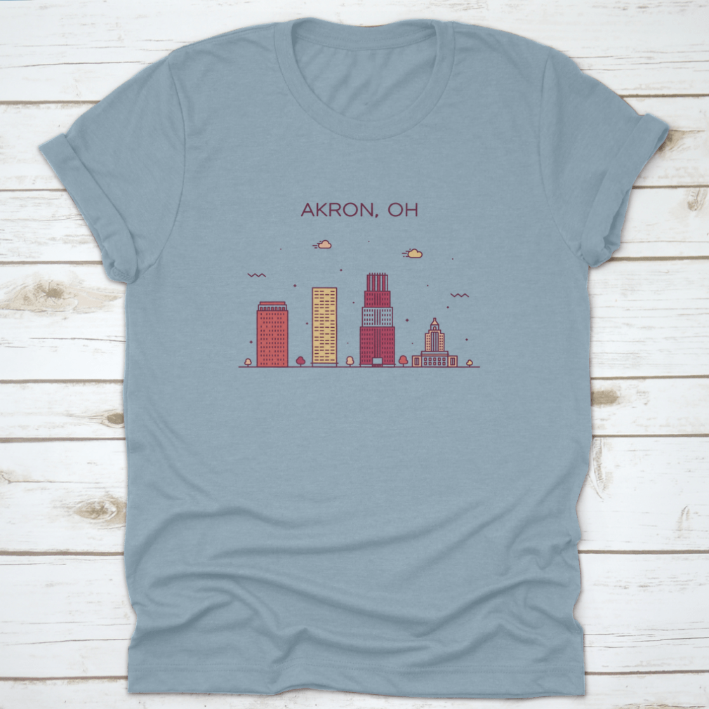 Trendy t-shirt featuring a linear vector illustration of the Akron Skyline in Ohio, showcasing urban style and comfort.