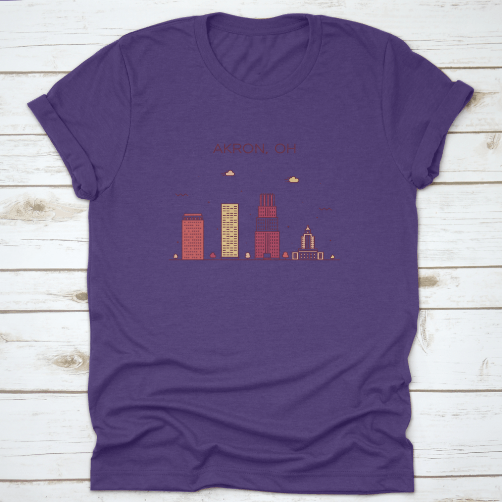 Trendy t-shirt featuring a linear vector illustration of the Akron Skyline in Ohio, showcasing urban style and comfort.