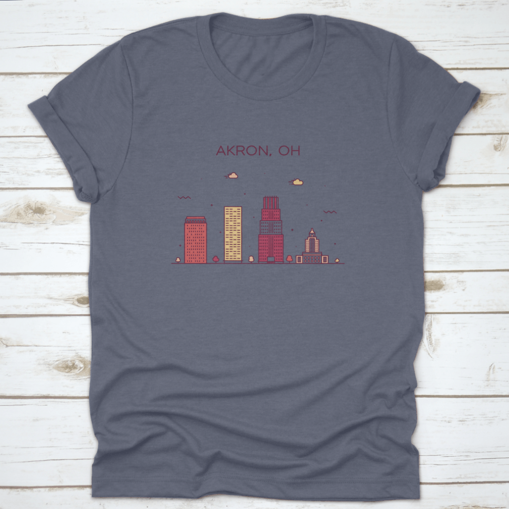 Trendy t-shirt featuring a linear vector illustration of the Akron Skyline in Ohio, showcasing urban style and comfort.