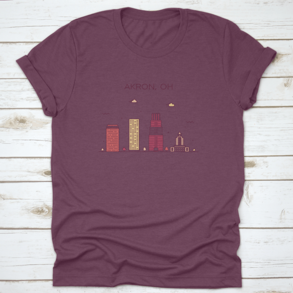 Trendy t-shirt featuring a linear vector illustration of the Akron Skyline in Ohio, showcasing urban style and comfort.