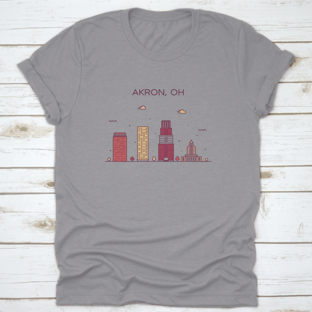 Trendy t-shirt featuring a linear vector illustration of the Akron Skyline in Ohio, showcasing urban style and comfort.