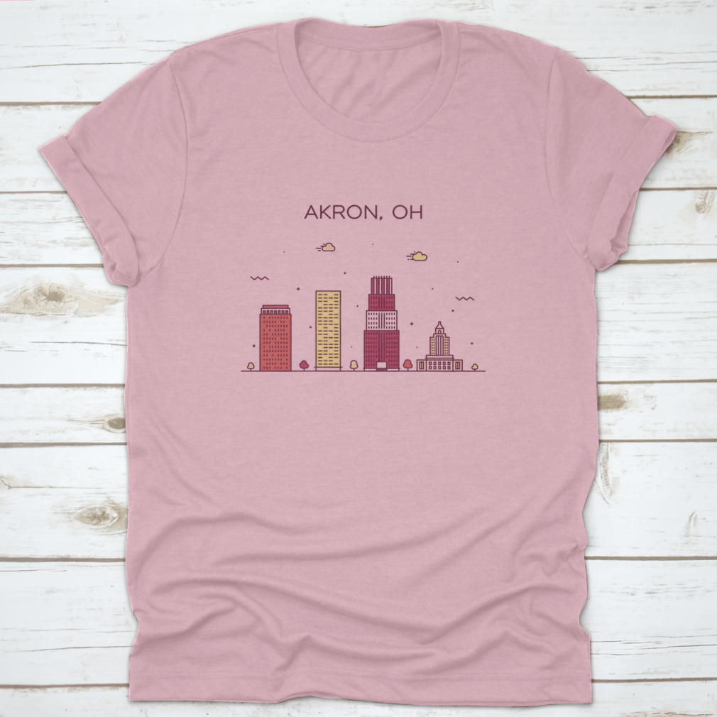 Trendy t-shirt featuring a linear vector illustration of the Akron Skyline in Ohio, showcasing urban style and comfort.