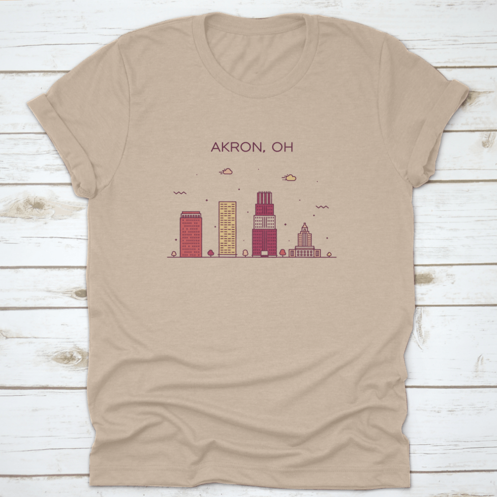 Trendy t-shirt featuring a linear vector illustration of the Akron Skyline in Ohio, showcasing urban style and comfort.