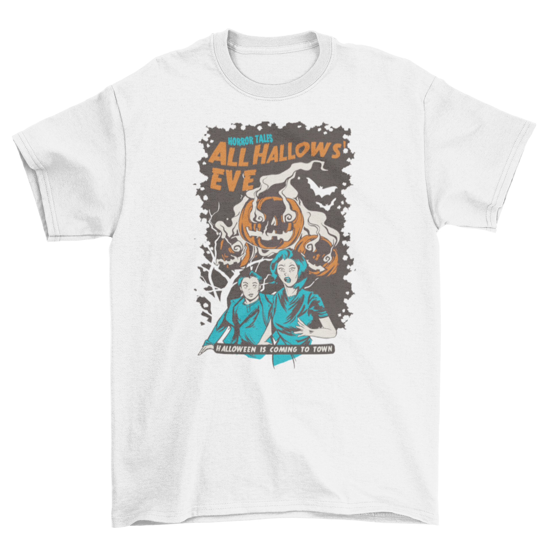 Vintage All Hallows' Eve t-shirt featuring a couple running from ghost pumpkins with Halloween captions.