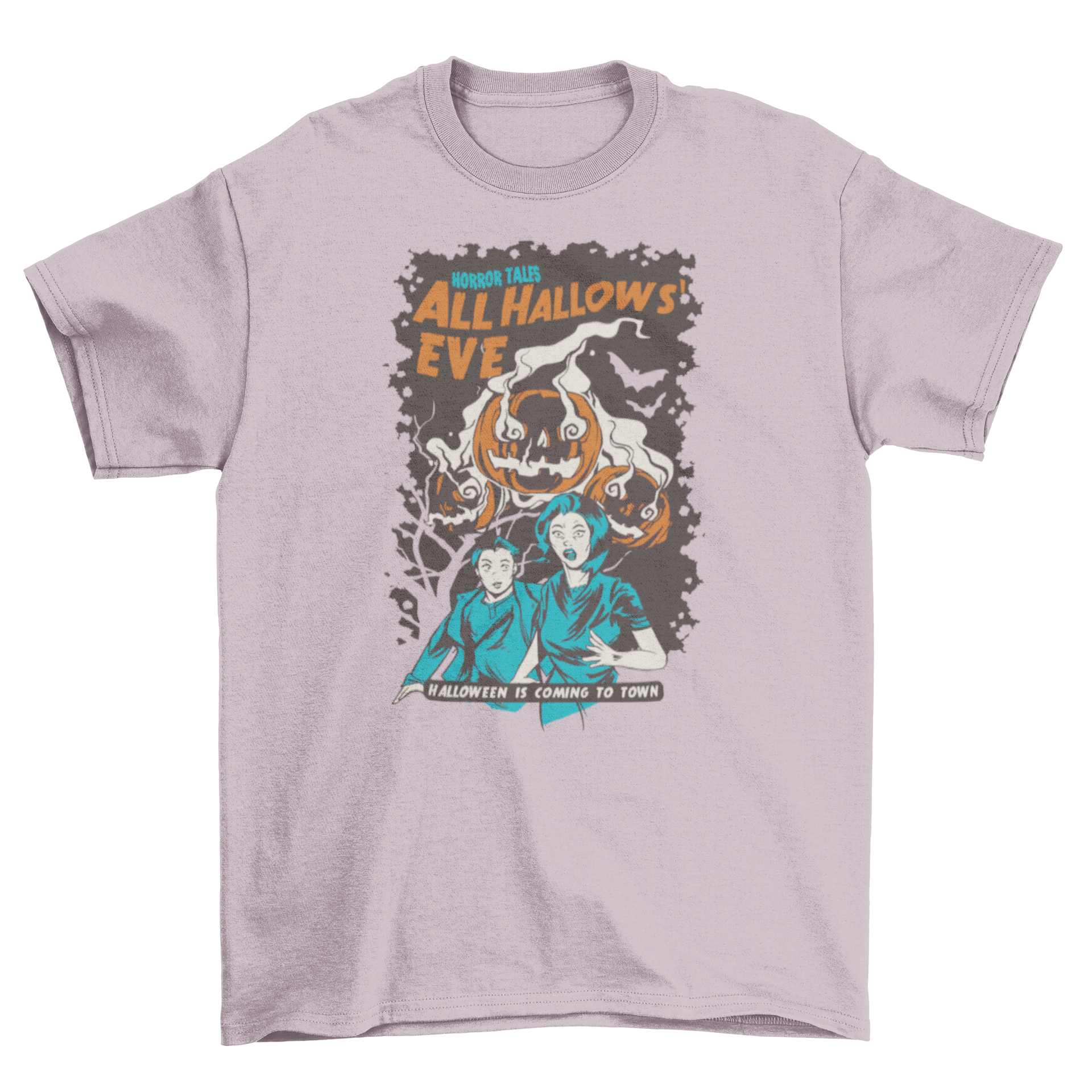 Vintage All Hallows' Eve t-shirt featuring a couple running from ghost pumpkins with Halloween captions.